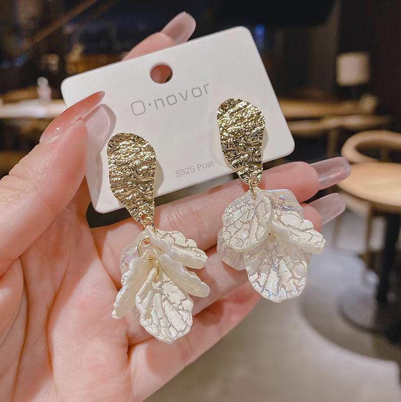 Gold Textured Petal Drop Earrings