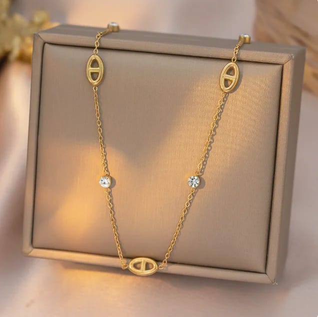 Pig Nose & Crystal Station Necklace