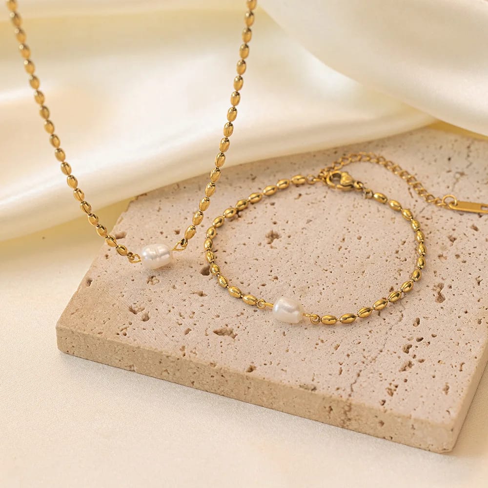 Pearl Bead Necklace & Bracelet Set