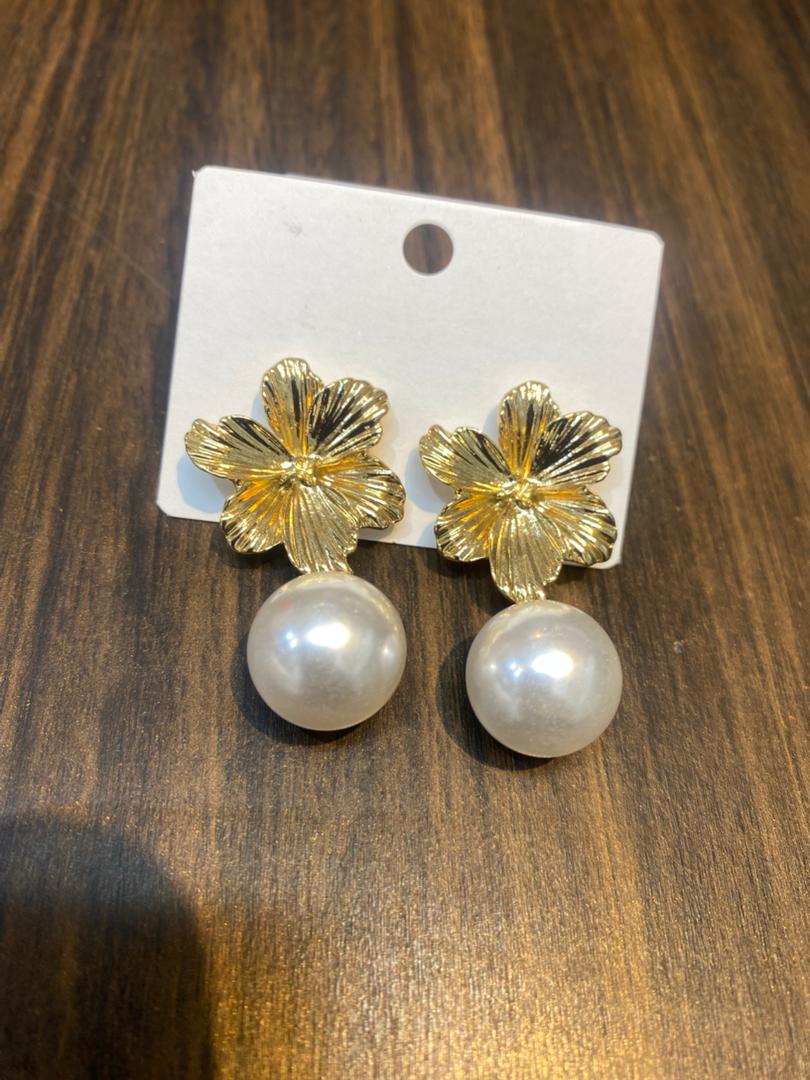 Gold Petal Pearl Drop Earrings
