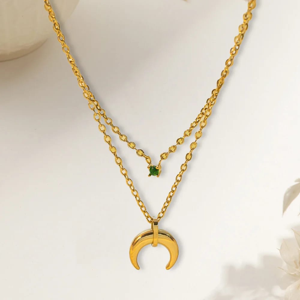Crescent & Green Gem Layered Necklace
