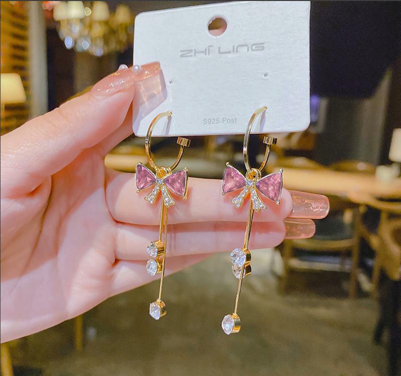Pink Bow Crystal Tassel Earrings